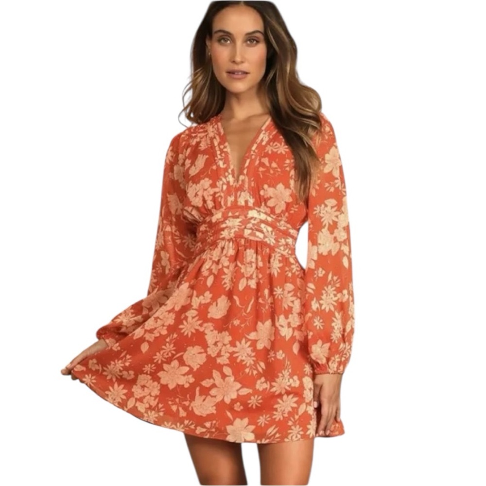 LULUS Floral Long Sleeve Mini Dress Rust Orange with Cream Floral Print Size XL